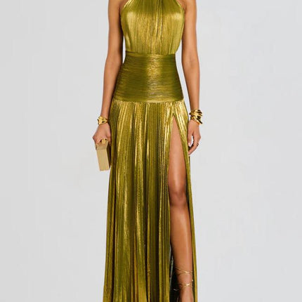 SUPERVALUECHOICE HCSEAA00002 Halter Neck Pleated Metallic Maxi Dress