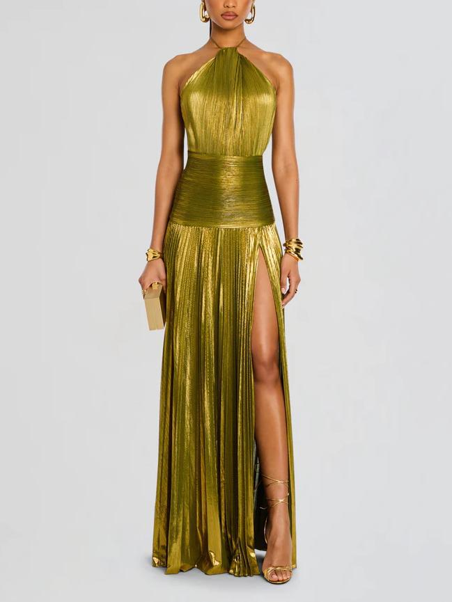 SUPERVALUECHOICE HCSEAA00002 Halter Neck Pleated Metallic Maxi Dress