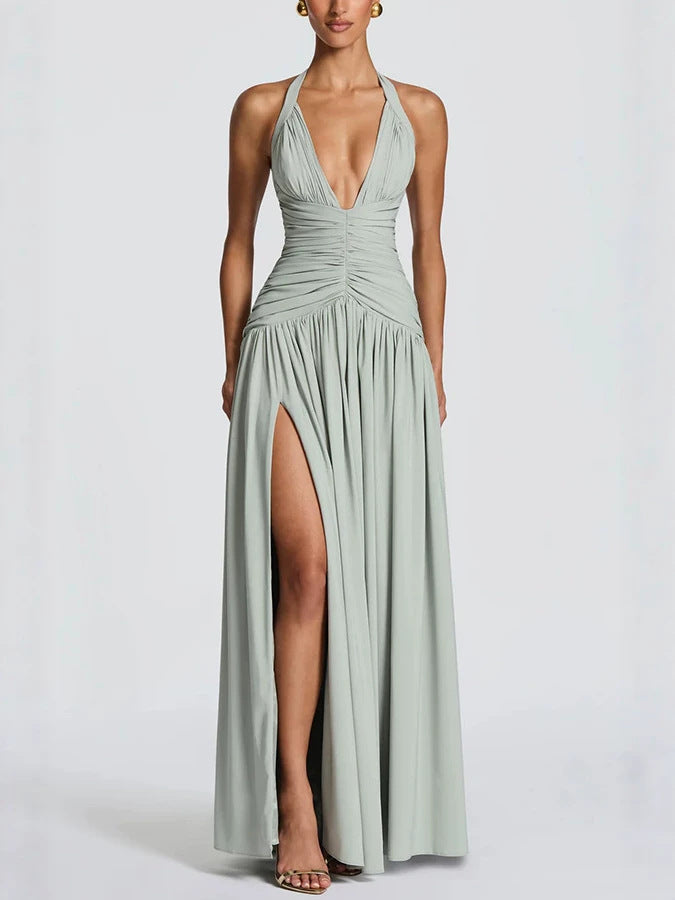 SUPERVALUECHOICE HCSEAA00016 Halter Neck Deep V Ruched Maxi Dress