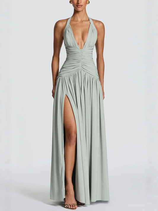 SUPERVALUECHOICE HCSEAA00016 Halter Neck Deep V Ruched Maxi Dress
