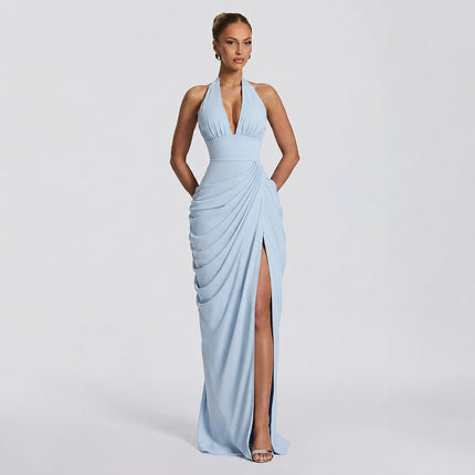 SUPERVALUECHOICE HCSEAA00077 Halter Back Lace-up Asymmetrical Pleats Slit Maxi Dress
