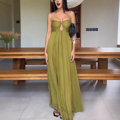 SUPERVALUECHOICE HCSEAA00018 Soft and Elegant Metal Hollow Design Back Smocked A-line Slip Maxi Dress