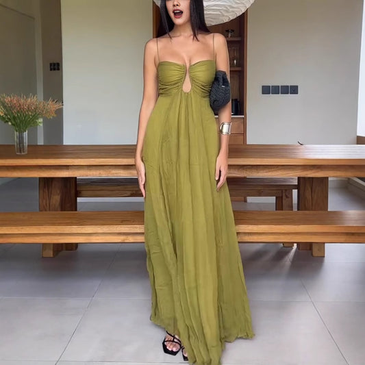 SUPERVALUECHOICE HCSEAA00018 Soft and Elegant Metal Hollow Design Back Smocked A-line Slip Maxi Dress
