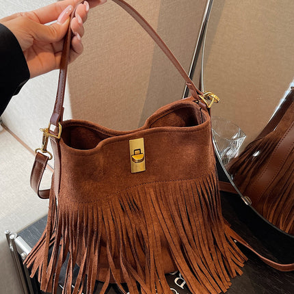 SuperValueChoice HCSEFA00038 Vintage Suede Fringe Bucket Bag Women Shoulder Crossbody Purse