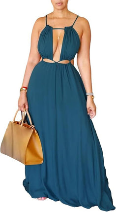 SUPERVALUECHOICE HCSEAA00066 Womens Summer Dress Spaghetti Strap Halter Sleeveless Sexy Cutout Boho Maxi Sundress Beach Vacation Dresses