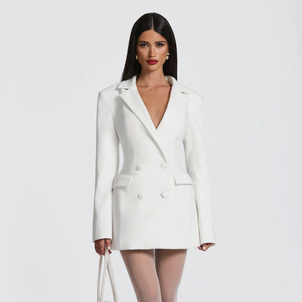 SUPERVALUECHOICE HCSEAC00025 Women Solid Blazer Dress Deep V Neck Design Waist Slim Fake Pocket Elegant Commuter Midi Dress