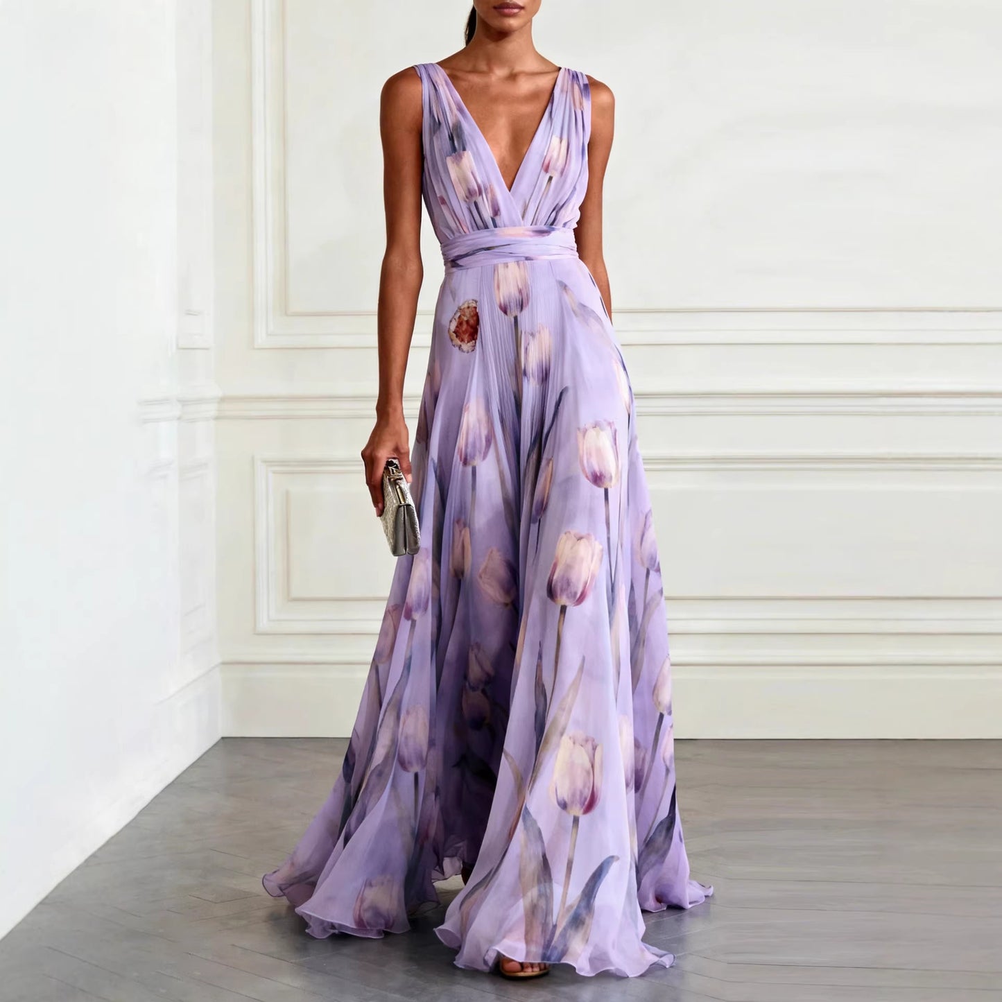 SUPERVALUECHOICE HCSEAA00035 Elegant Tulip Print V-neck Maxi Dress