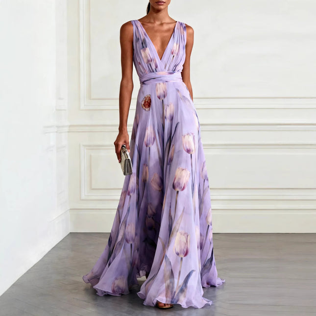 SUPERVALUECHOICE HCSEAA00035 Elegant Tulip Print V-neck Maxi Dress