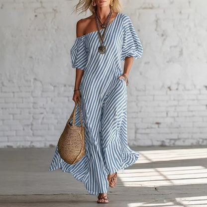 SUPERVALUECHOICE HCSEAA00050 Striped One-Shoulder Puff Sleeve Maxi Dress