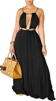 SUPERVALUECHOICE HCSEAA00066 Womens Summer Dress Spaghetti Strap Halter Sleeveless Sexy Cutout Boho Maxi Sundress Beach Vacation Dresses