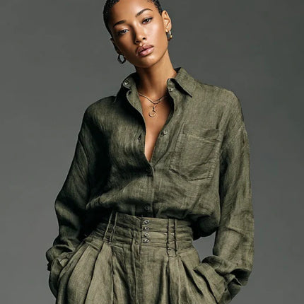 SUPERVALUECHOICE HCSEBB00003 Linen Blend Lapel Long-sleeved Casual Shirt and High-waist Pocket Loose Wide-leg Pants Set