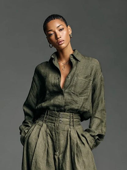 SUPERVALUECHOICE HCSEBB00003 Linen Blend Lapel Long-sleeved Casual Shirt and High-waist Pocket Loose Wide-leg Pants Set