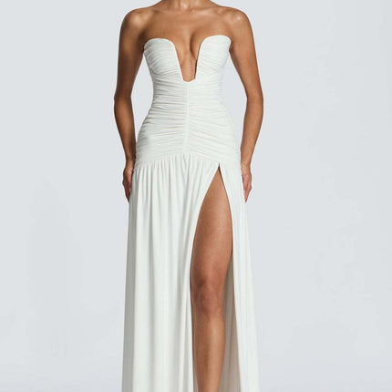 SUPERVALUECHOICE HCSEAA00073 Women’s Strapless Ruched Backless Maxi Dress – Sexy High Slit Draped Evening Gown for Wedding Guest, Prom & Formal Party