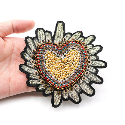 SUPÊR VÃLUE CHOICE  HCSEYD00014 Sacred Heart Sequin Beaded Applique Gold Radiant Heart Rhinestone Sew On Patch for Jacket Jeans Tote Bag DIY Craft Decor