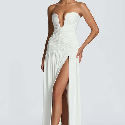 SUPERVALUECHOICE HCSEAA00073 Women’s Strapless Ruched Backless Maxi Dress – Sexy High Slit Draped Evening Gown for Wedding Guest, Prom & Formal Party