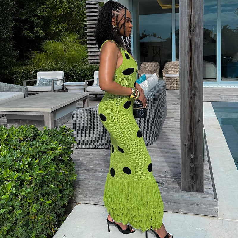 SUPERVALUECHOICE HCSEAB00010 Exquisite Crochet Polka Dot Tassel Maxi Dress