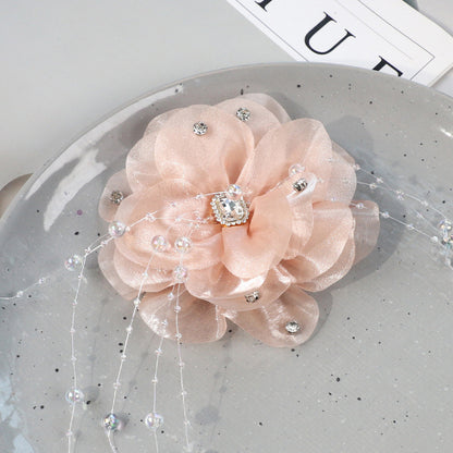 SUPÊR VÃLUE CHOICE  HCSEYG00003 3D Organza Fabric Flower Applique Feather Pearl Rhinestone Floral Patch Sew On Embellishment for Wedding Dress Costume Qipao DIY Craft Decor 3.14"×3.14"