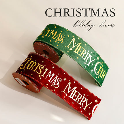 SuperValueChoice HCSEOA00025 Christmas Ribbon Roll, Merry Christmas Velvet Ribbon, Decorative Wired Ribbon for Gift Wrapping, Crafts, DIY Bows, Christmas Tree Decorations (2.48 Inch x 3 Yards)