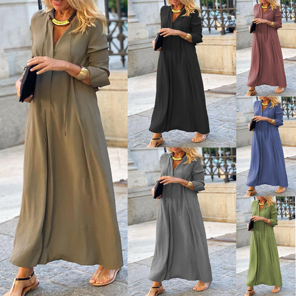 SUPERVALUECHOICE HCSEAA00051 Tie-Neck V-Neck Long Sleeve Maxi Dress