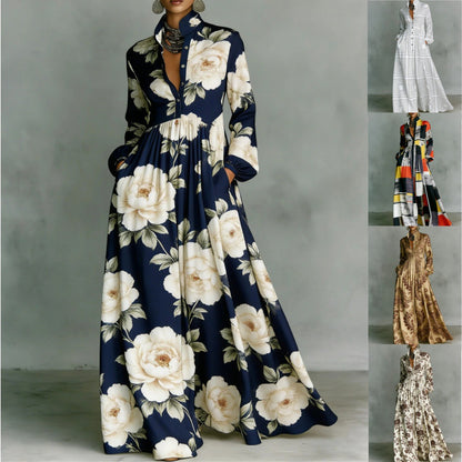 SUPERVALUECHOICE HCSEAA00044 Floral Print Stand Collar Long Sleeve Casual Maxi Dress with Pockets