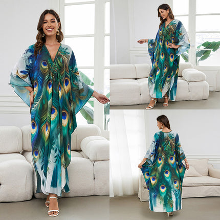 SUPERVALUECHOICE HCSEAD00005 Oversized Kaftan Maxi Dress, V‑Neck Batwing Sleeve Loose Long Caftan, Bohemian Beach Cover‑Up for Women, Plus Size Friendly