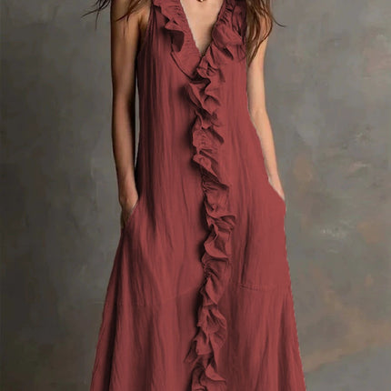 SUPERVALUECHOICE HCSEAA00047 Women's Fashion Solid-Color Sleeveless Cotton-Linen V-Neck Flared Dress with Ruffles