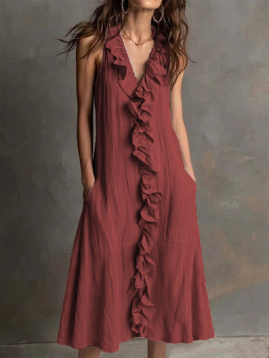 SUPERVALUECHOICE HCSEAA00047 Women's Fashion Solid-Color Sleeveless Cotton-Linen V-Neck Flared Dress with Ruffles