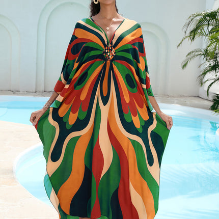 SUPERVALUECHOICE HCSEAD00007 Oversized Kaftan Maxi Dress, V‑Neck Batwing Sleeve Loose Long Caftan, Bohemian Beach Cover‑Up for Women, Plus Size Friendly