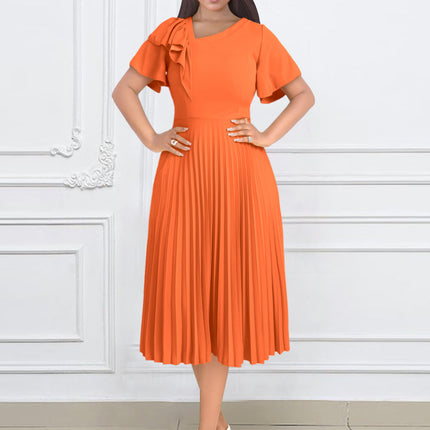 SUPERVALUECHOICE HCSEAA00081 Women's Short Sleeve Asymmetrical Ruffles High Waist Pleated Hem Midi Spring Dress