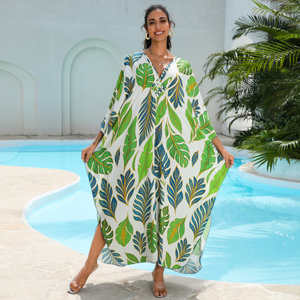 SUPERVALUECHOICE HCSEAD00006 Oversized Kaftan Maxi Dress, V‑Neck Batwing Sleeve Loose Long Caftan, Bohemian Beach Cover‑Up for Women, Plus Size Friendly