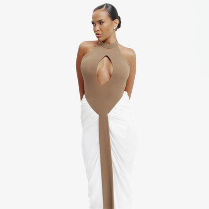 SUPERVALUECHOICE HCSEAC00015 Halterneck Cut-Out Maxi Dress With Flowing Chiffon Skirt