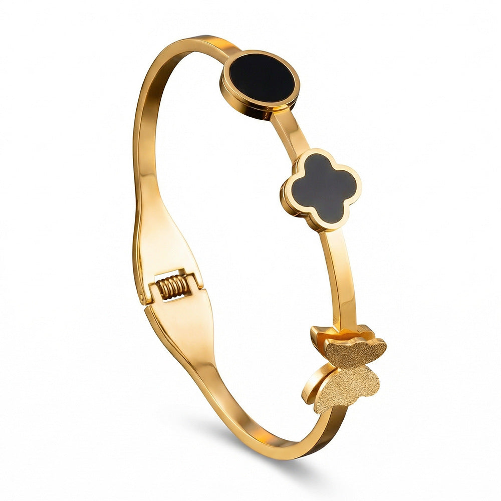 SUPÊR VÃLUE CHOICE HCSEX00026 Black Round Shell Four-Leaf Clover Bracelet