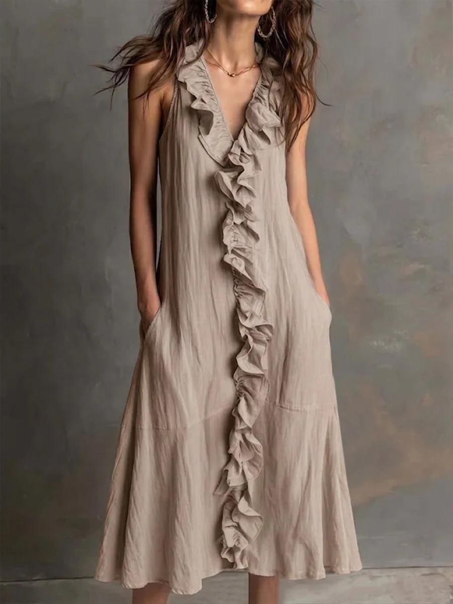 SUPERVALUECHOICE HCSEAA00047 Women's Fashion Solid-Color Sleeveless Cotton-Linen V-Neck Flared Dress with Ruffles