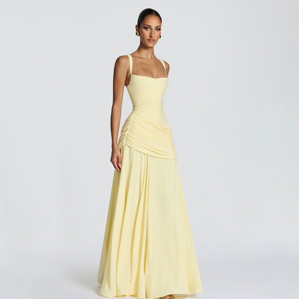 SUPERVALUECHOICE HCSEAA00004 Square Neck Ruched Waist Chiffon Maxi Dress