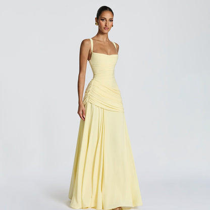 SUPERVALUECHOICE HCSEAA00004 Square Neck Ruched Waist Chiffon Maxi Dress