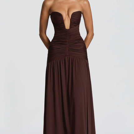 SUPERVALUECHOICE HCSEAA00073 Women’s Strapless Ruched Backless Maxi Dress – Sexy High Slit Draped Evening Gown for Wedding Guest, Prom & Formal Party