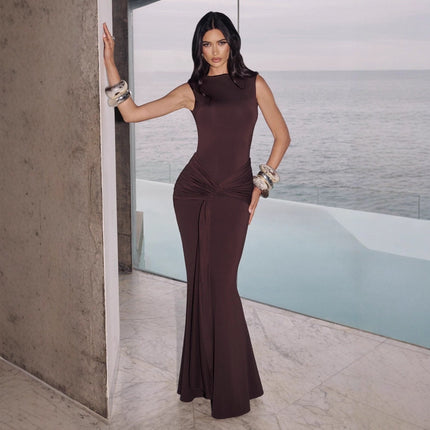 SUPERVALUECHOICE HCSEAA00078 Sleeveless Twist Knot Backless Mermaid Maxi Dress Formal Evening Party Gown