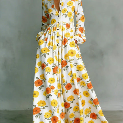 SUPERVALUECHOICE HCSEAA00044 Floral Print Stand Collar Long Sleeve Casual Maxi Dress with Pockets