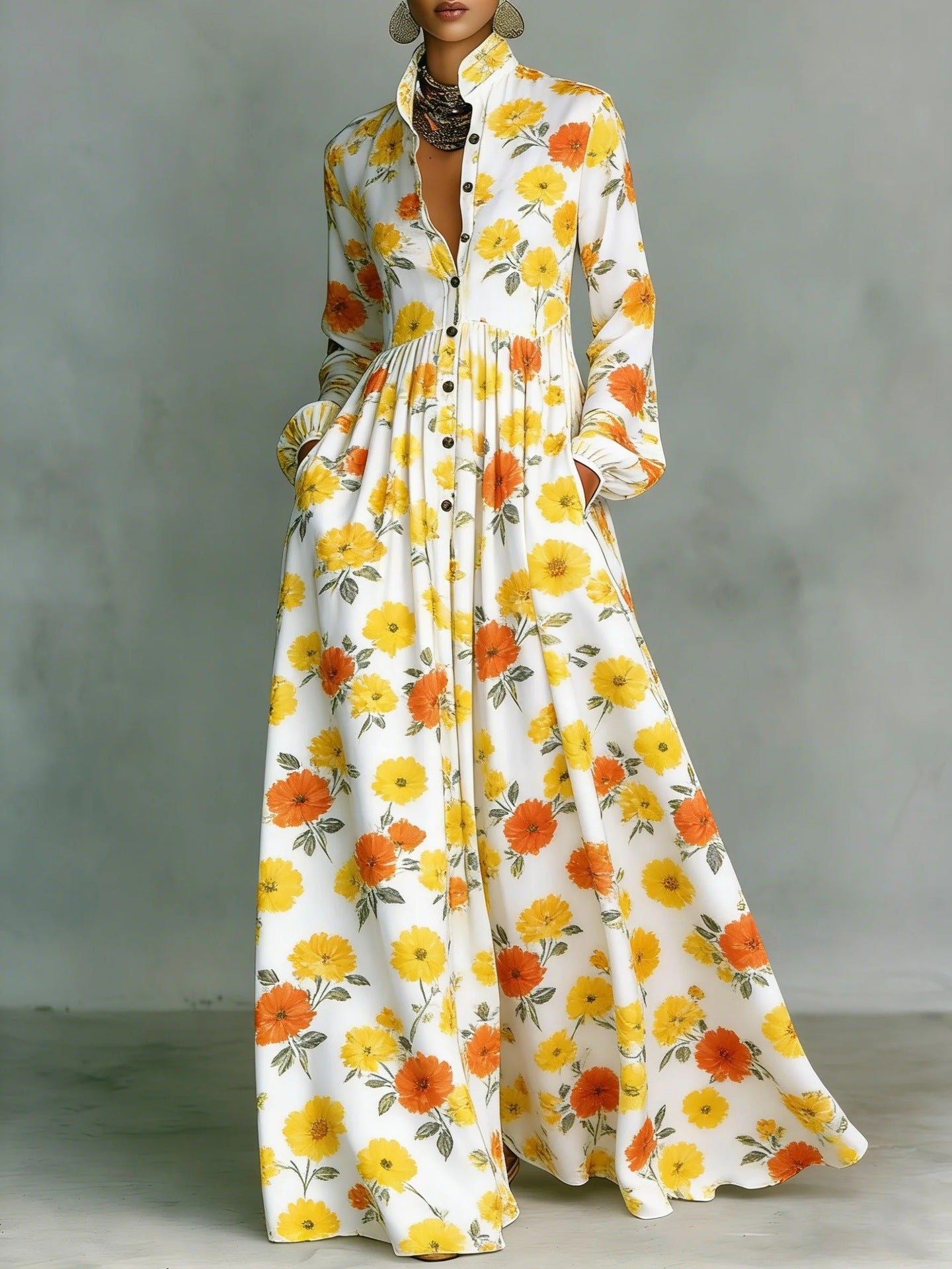 SUPERVALUECHOICE HCSEAA00044 Floral Print Stand Collar Long Sleeve Casual Maxi Dress with Pockets