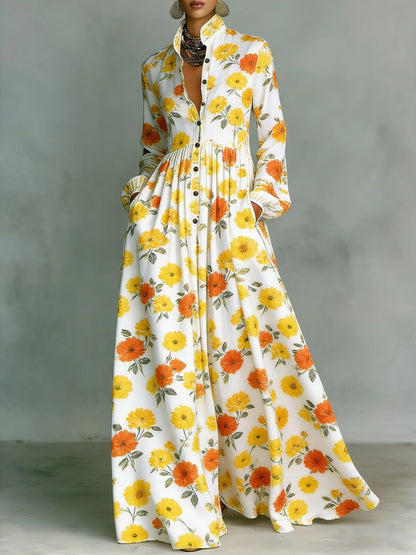SUPERVALUECHOICE HCSEAA00044 Floral Print Stand Collar Long Sleeve Casual Maxi Dress with Pockets