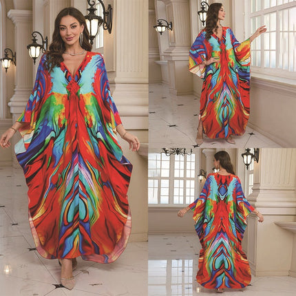 SUPERVALUECHOICE HCSEAD00010 Oversized Kaftan Maxi Dress, V‑Neck Batwing Sleeve Loose Long Caftan, Bohemian Beach Cover‑Up for Women, Plus Size Friendly