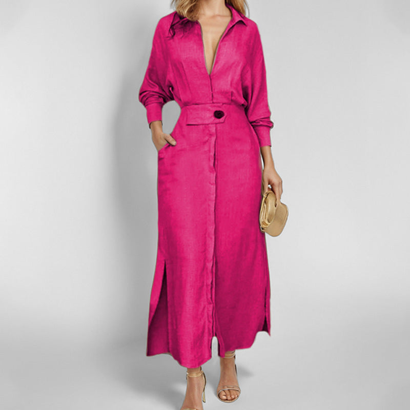SUPERVALUECHOICE HCSEWO0001 Lace-up Solid Color Waist Long Sleeve Irregular Shirt Dress