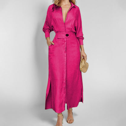SUPERVALUECHOICE HCSEWO0001 Lace-up Solid Color Waist Long Sleeve Irregular Shirt Dress
