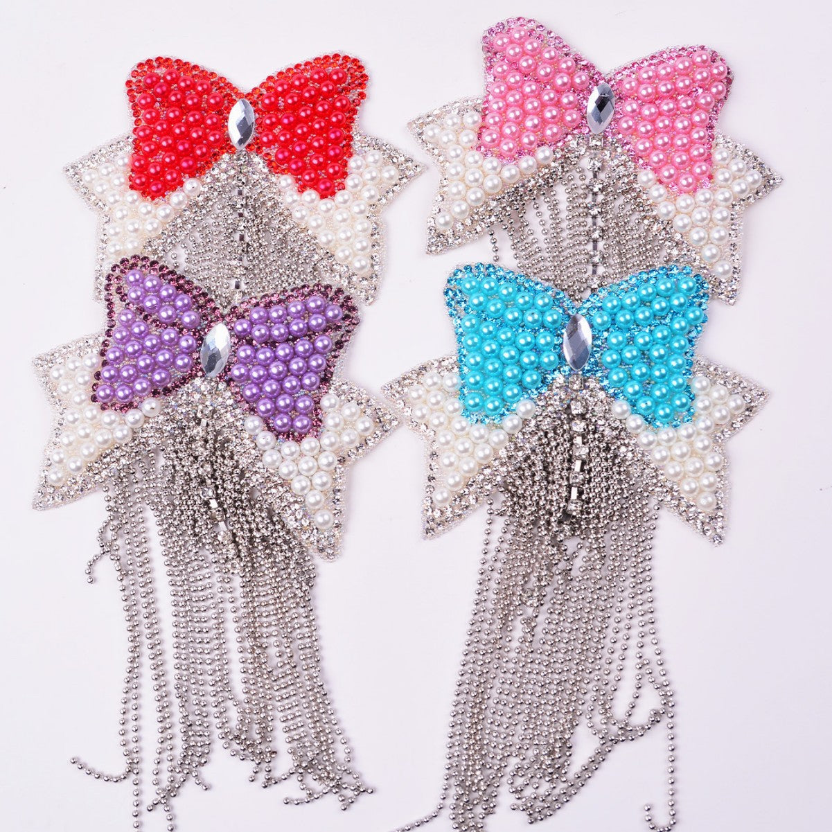 SUPERVALUECHOICE HCSEYD00019 4Pcs Pearl Bow Rhinestone Tassel Patches Sparkly Garment DIY Embellishment Appliques