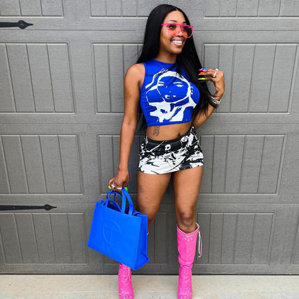 SUPERVALUECHOICE HCSECA00002 Y2K Blue Sleeveless Crop Top Women Abstract Face Graphic Tank Top Streetwear