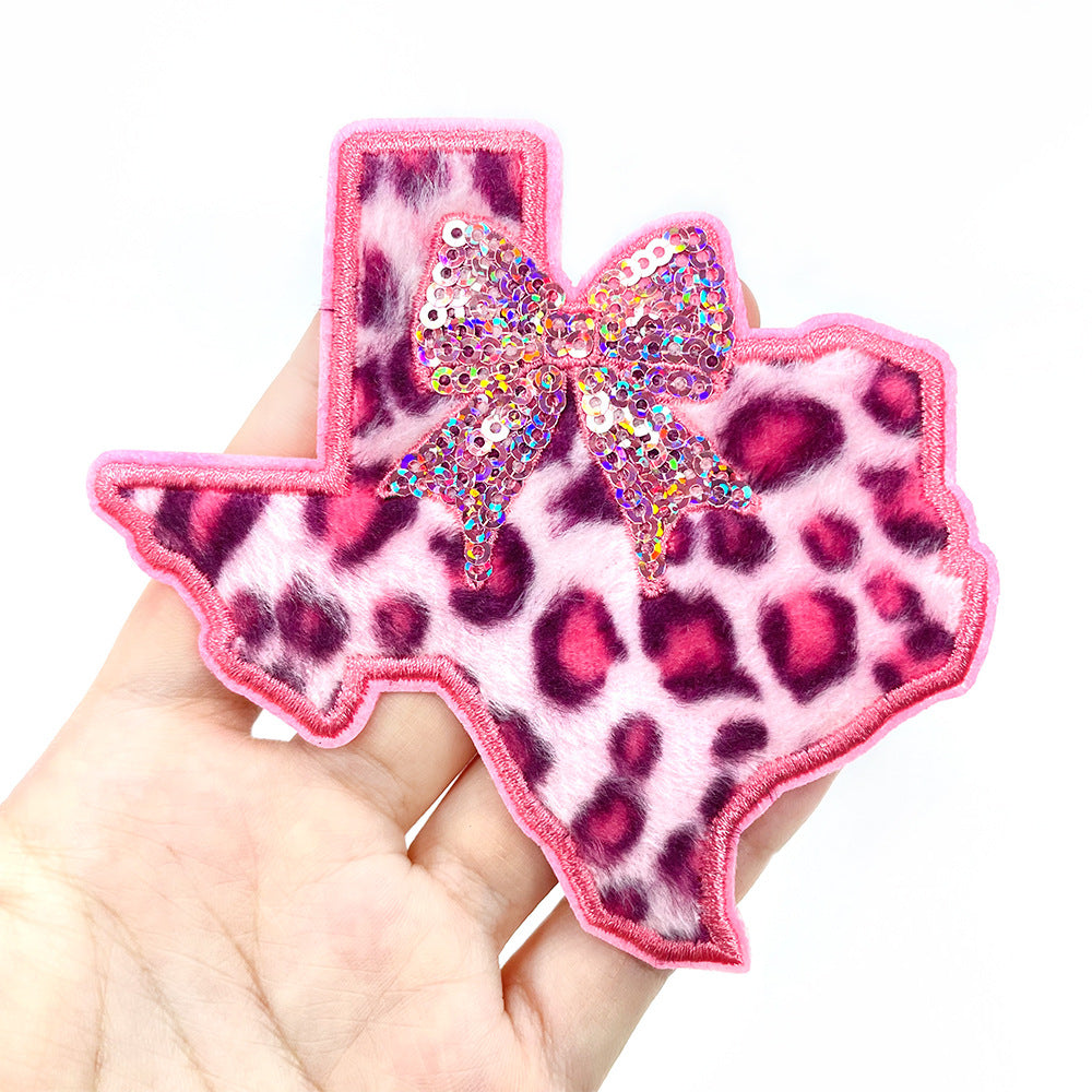 SUPERVALUECHOICE HCSEYSF00004 Faux Fur Leopard Texture Texas State Patch Sparkly Sequin Bow Embroidered Iron On Applique for Southern Style Garment Customization