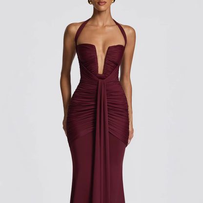SUPERVALUECHOICE HCSEAB00004 Halter Neck Plunge Ruched Mermaid Maxi Dress - Formal Evening Gown