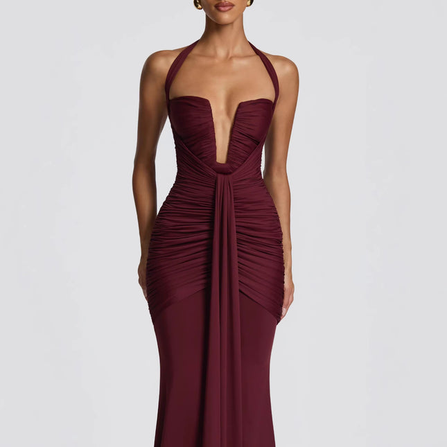 SUPERVALUECHOICE HCSEAB00004 Halter Neck Plunge Ruched Mermaid Maxi Dress - Formal Evening Gown