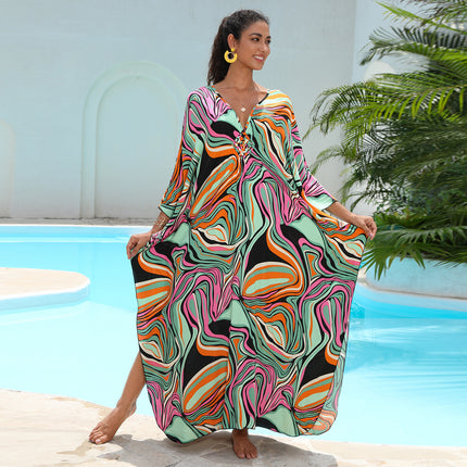 SUPERVALUECHOICE HCSEAD00006 Oversized Kaftan Maxi Dress, V‑Neck Batwing Sleeve Loose Long Caftan, Bohemian Beach Cover‑Up for Women, Plus Size Friendly