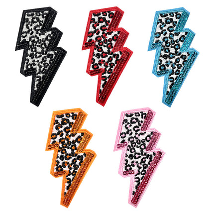 SUPERVALUECHOICE HCSEYSB00002 5 Pack Sequin Trim Leopard Print Lightning Bolt Iron On Patches Sparkly Embroidered Appliques for Jacket Hat Backpack DIY Clothing Decor